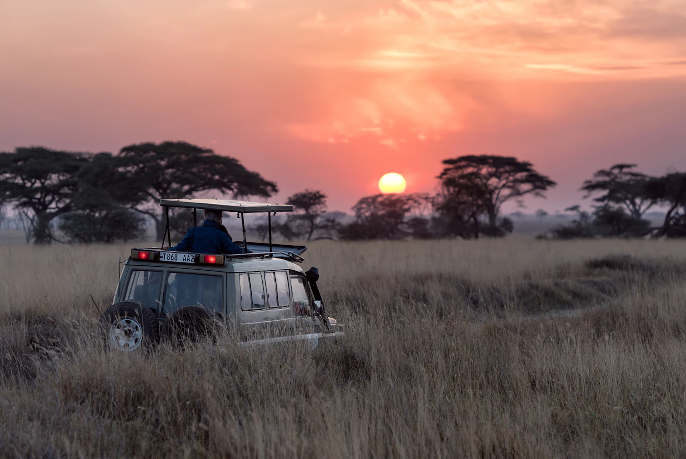 Jipe de safári na savana africana ao pôr do sol